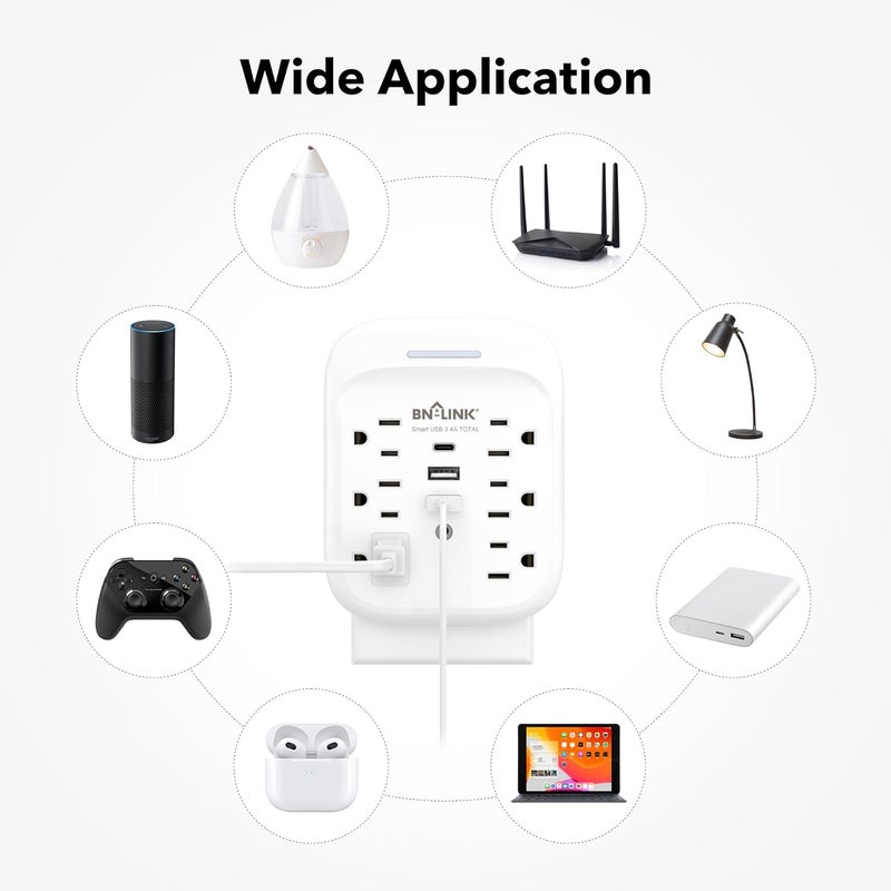 BN-LINK Surge Protector USB Wall 6 Outlet Extender with 3 USB Ports (USB C), Multi Plug Outlet Expander, Electrical Splitter for School, Travel, Office, Home, ETL Listed - Image 4